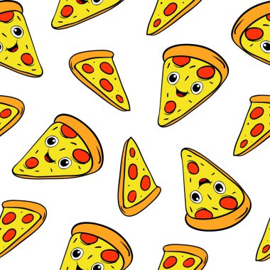 Karikatür pizza dilimleri, dikişsiz desen. Vektör çizimleri. Tekstil veya kağıt için baskı elemanları