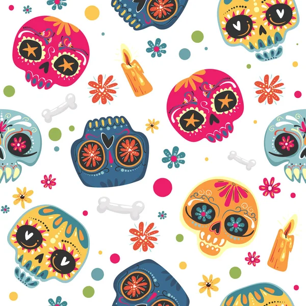 墨西哥节日的死者日，迪亚德洛斯穆尔托斯。无缝模式与糖头骨和花 — 图库矢量图片