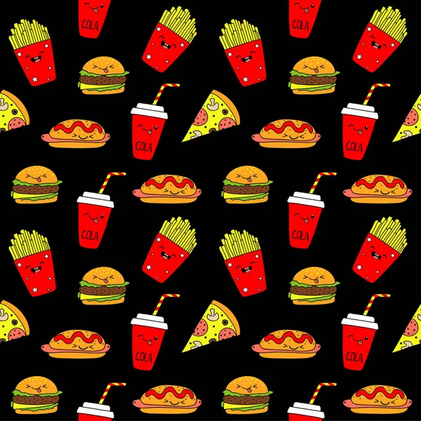 Salami pizza slices, potato, sandwiches, hot dogs, cola seamless pattern. Vector illustration . Fashion print for textile or paper — Stock Vector