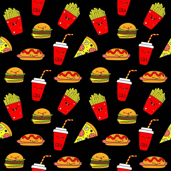 Salame pizza fette, patate, panini, hot dog, cola modello senza soluzione di continuità. Illustrazione vettoriale. Stampa moda per tessuti o carta — Vettoriale Stock