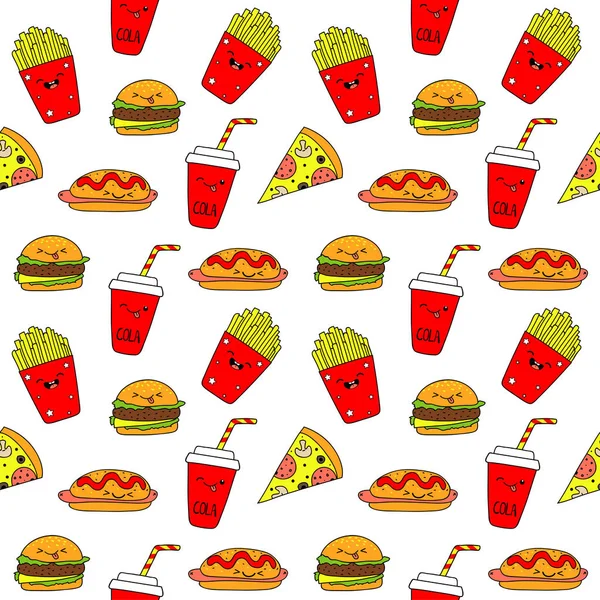 Salami pizza slices, potato, sandwiches, hot dogs, cola seamless pattern. Vector illustration . Fashion print for textile or paper — Stock Vector