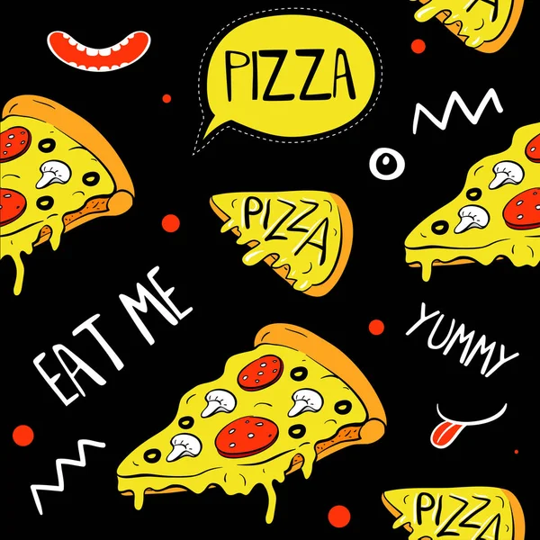 Cartoon pizza slices, seamless pattern. Vector illustrations. Print elements for textile or paper — Stock Vector