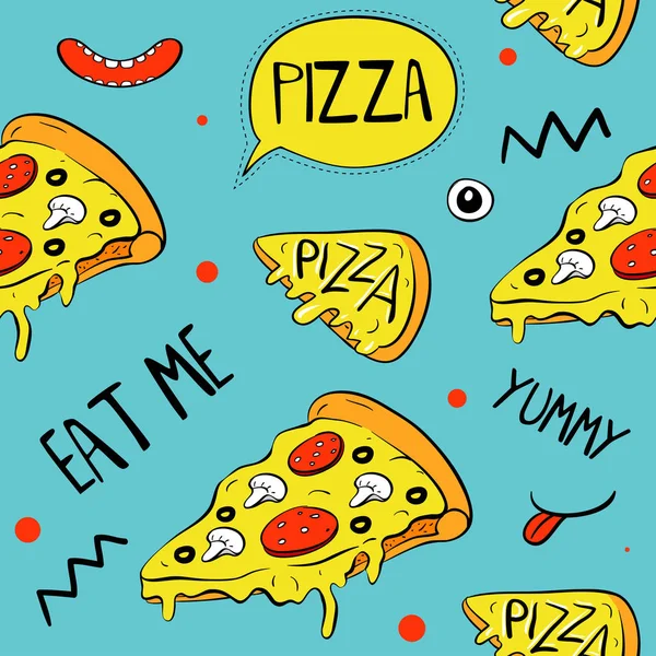 Cartoon pizza slices, seamless pattern. Vector illustrations. Print elements for textile or paper — Stock Vector