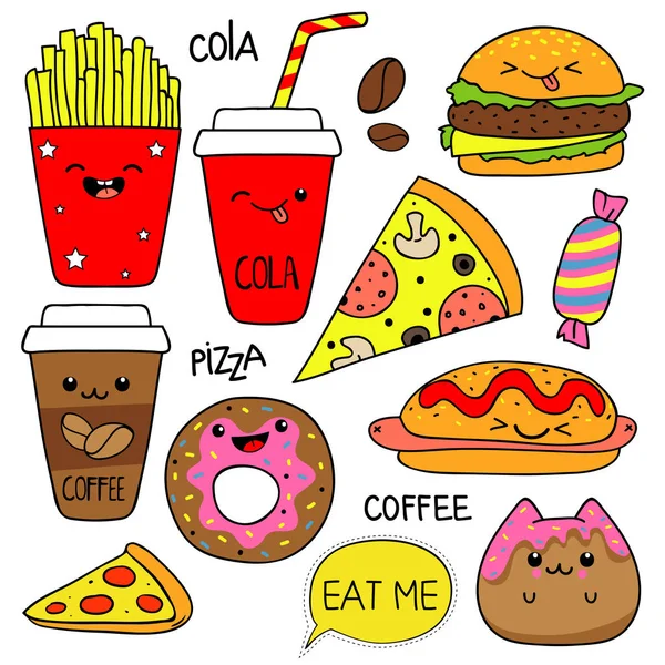 Çizgi film pizza dilimleri, patates, sandviç, şekerleme, çörek. Fastfood moda vektör çizimler.