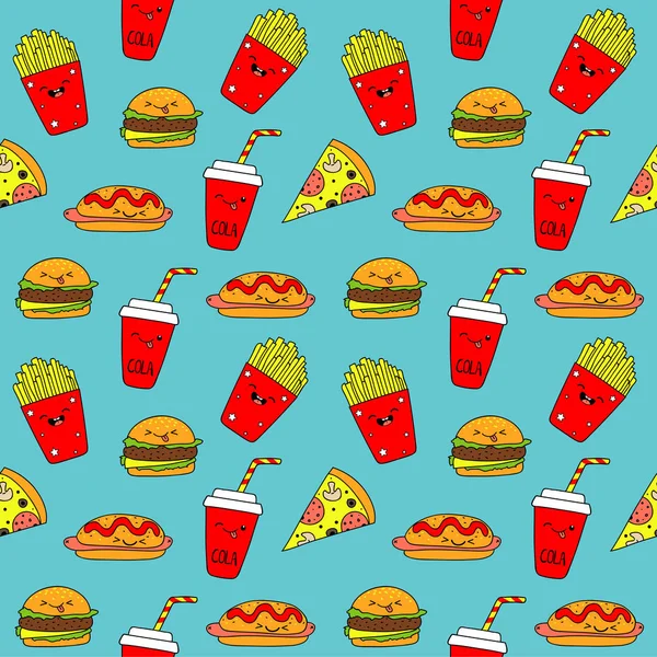 Salami pizza slices, potato, sandwiches, hot dogs, cola seamless pattern. Vector illustration . Fashion print for textile or paper — Stock Vector