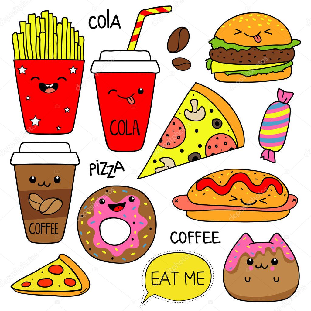 Cartoon pizza slices, potato, sandwich, candies, donuts. Fastfood fashion vector illustrations.