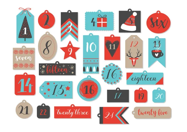 Colección de etiquetas imprimibles abstractas para Navidad, Año Nuevo. Calendario de Adviento. Ilustración vectorial. Felices Fiestas — Vector de stock