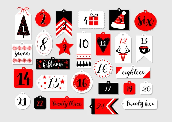 Colección de etiquetas imprimibles abstractas para Navidad, Año Nuevo. Calendario de Adviento. Ilustración vectorial. Felices Fiestas — Vector de stock