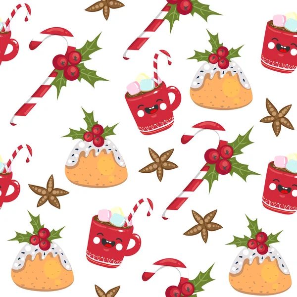 Weihnachten nahtlose Muster Süßigkeiten, Becher, Stern auf weißem Hintergrund. Vorlage für Grußworte, Scrapbooking, Einladungen, Glückwünsche. kawaii-Stil. Vektorillustration. Folge 10 — Stockvektor