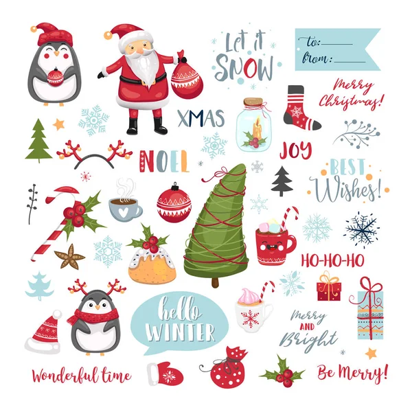 一套圣诞元素。雪花、圣诞老人、圣诞树、礼品、书法、书法、动物等元素。矢量插图. — 图库矢量图片
