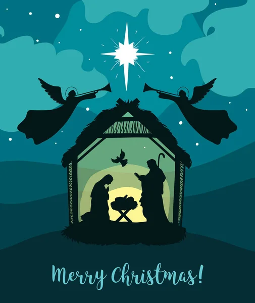 Geleneksel Hıristiyan Noel Nativity Scene bebek İsa'nın tebrik kartı siluet Içinde Meryem ve Yusuf ile yemlik içinde. Kutsal Gece