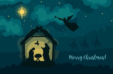 Geleneksel Hıristiyan Noel Nativity Scene bebek İsa'nın tebrik kartı siluet Içinde Meryem ve Yusuf ile yemlik içinde. Kutsal Gece