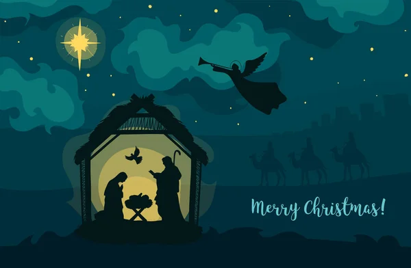 Wenskaart van de traditionele christelijke kerst Nativity Scene van baby Jezus in de kribbe met Maria en Jozef in silhouet. Heilige nacht — Stockvector