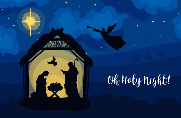 Geleneksel Hıristiyan Noel Nativity Scene bebek İsa'nın tebrik kartı siluet Içinde Meryem ve Yusuf ile yemlik içinde. Kutsal Gece