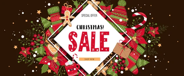 Noel, yeni yıl, kış satış afişi. Poster, arka plan, el ilanı, davetiye kartı, kış öğeleri ile şablon tasarımı. Vektör illüstrasyon Eps 10