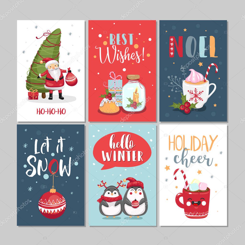 Set of cute Merry Christmas and Happy New Year greeting cards. Vector illustrations. EPS 10