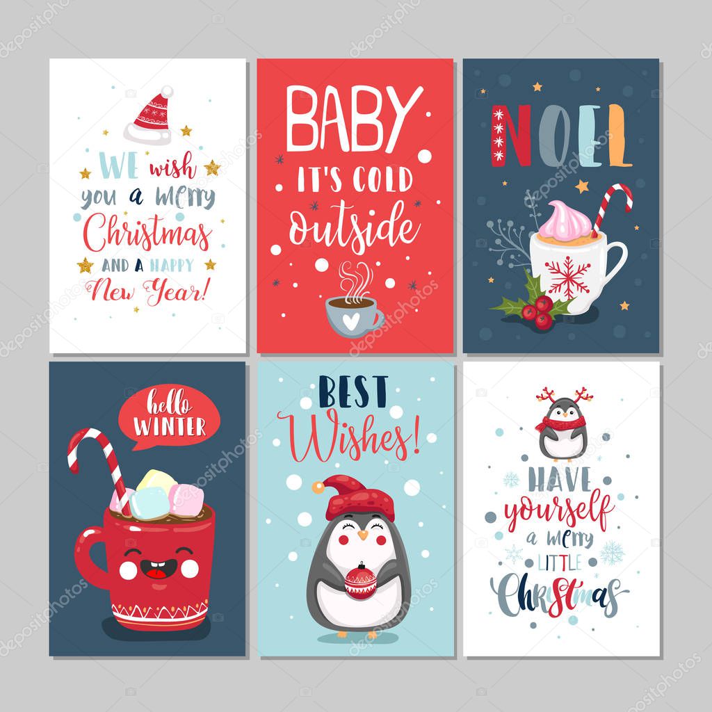 Set of cute Merry Christmas and Happy New Year greeting cards. Vector illustrations. EPS 10