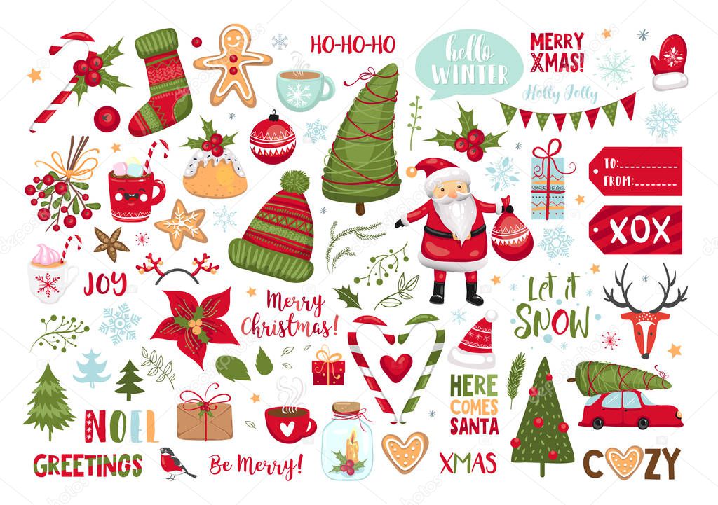 Set of Christmas elements. Snowflakes, Santa Claus, christmas tree, gifts, calligraphy, lettering, animals and other elements. Vector illustration.