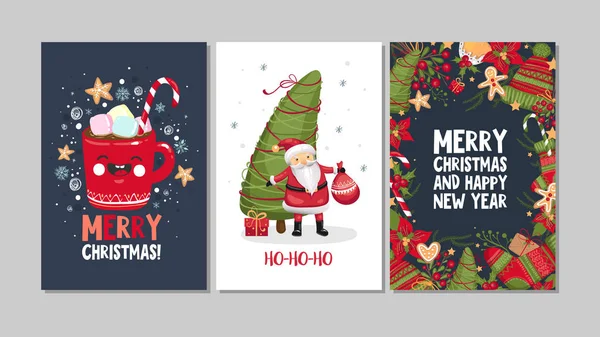 收集可爱的圣诞快乐和新年快乐贺卡。一套手绘节日海报模板，明信片设计。矢量插图 Eps 10 — 图库矢量图片