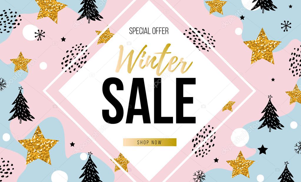 Christmas, new year, winter sale banner. Poster, background, flyer, invitation card, template design with winter elements. Vector illustration EPS 10