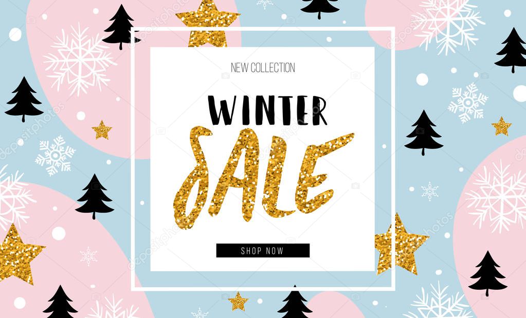 Christmas, new year, winter sale banner. Poster, background, flyer, invitation card, template design with winter elements. Vector illustration EPS 10