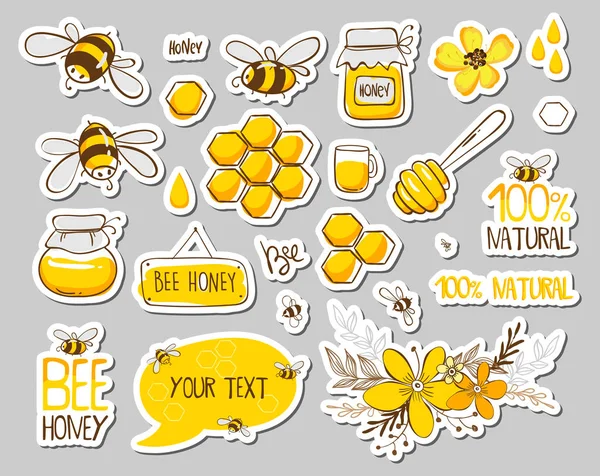 Set stickers met schattige bijen, bloemen en honing met belettering. Vectorillustratie Eps 10 — Stockvector