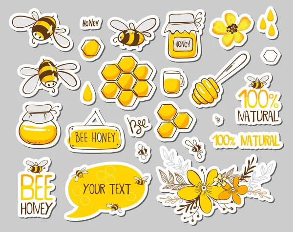 Set of stickers with cute bees, flowers and honey with lettering. Vector illustration EPS 10 Stock Vector