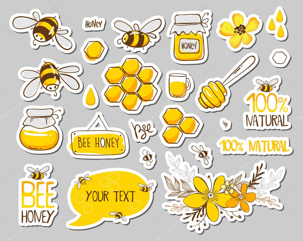 Set of stickers with cute bees, flowers and honey with lettering. Vector illustration EPS 10