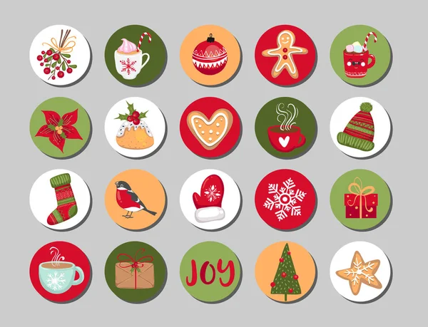 Set of Christmas stickers, posters kit, cards for winter holidays. Vector illustration EPS 10 — Stock Vector