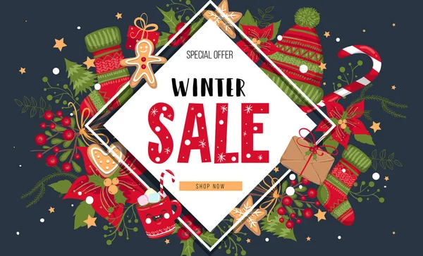 Noel, yeni yıl, kış satış afişi. Poster, arka plan, el ilanı, davetiye kartı, kış öğeleri ile şablon tasarımı. Vektör illüstrasyon Eps 10