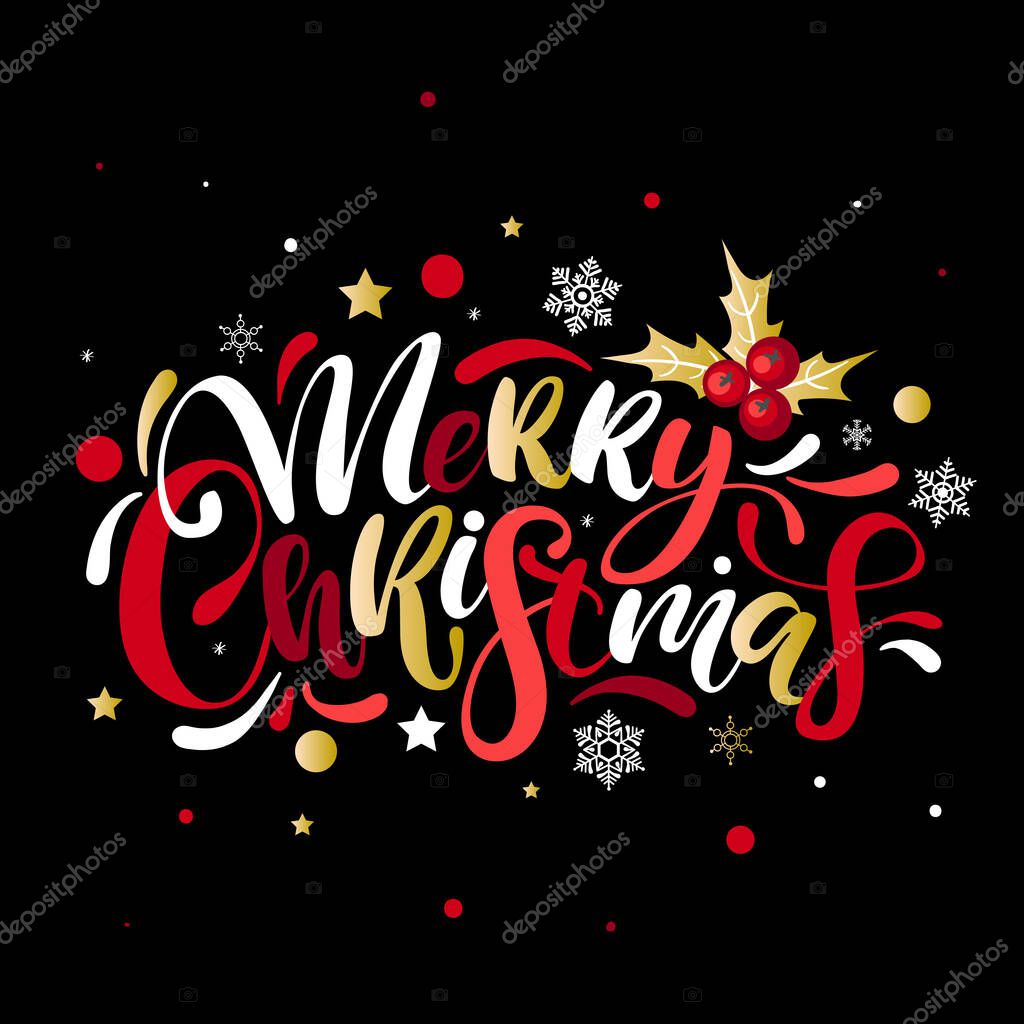 Merry Christmas colorful hand drawn lettering with mistletoe isolated on white. Christmas lettering