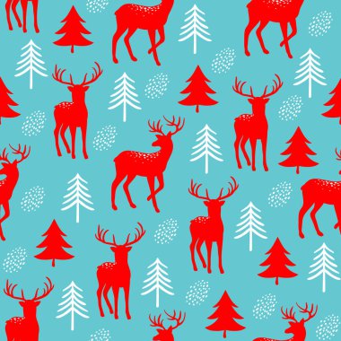 Güzel altın geyik ve köknar ağaçlarıyla kusursuz bir Noel deseni. Tekstil ya da kağıt için vektör baskısı. Mutlu yıllar.