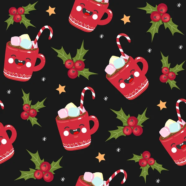 Weihnachten nahtlose Muster Süßigkeiten, Tasse, Stern auf schwarzem Hintergrund. Vorlage für Grußworte, Scrapbooking, Einladungen, Glückwünsche. kawaii-Stil. Vektorillustration. Folge 10 — Stockvektor