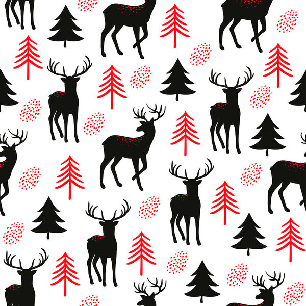 Рождественский узор без тюленей с милыми золотыми оленями и елками. Векторная печать для текстиля или бумаги. С Новым годом
