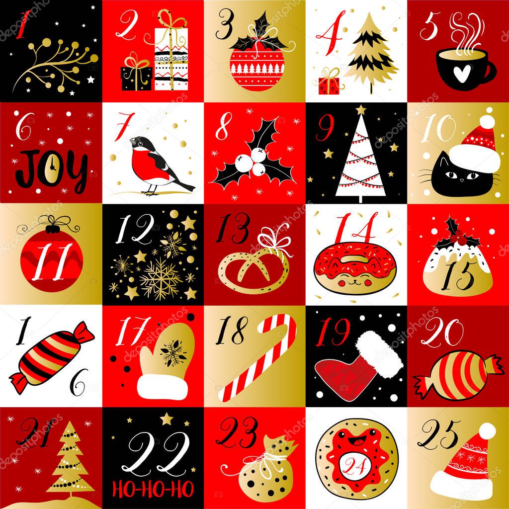 Abstract printable tags collection for Christmas, New Year. Advent calendar. Vector illustration. Merry Holidays
