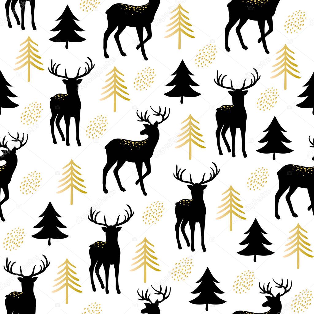 Christmas seamless pattern with cute golden deer and fir trees. Vector print for textile or paper. Happy new year