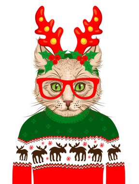 Beyaz arka planda hippi kedisi olan Noel tebrik kartı. - Mutlu yıllar. Vektör tatil illüstrasyonu