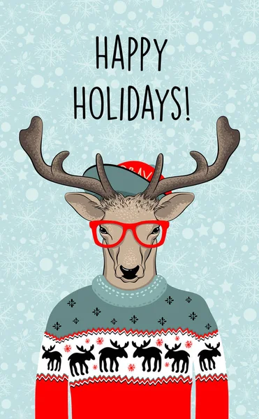 Hand drawn vector illustration of Christmas deer in green sweater . Hipster in glasses and hat. Vector illustration — Stock Vector