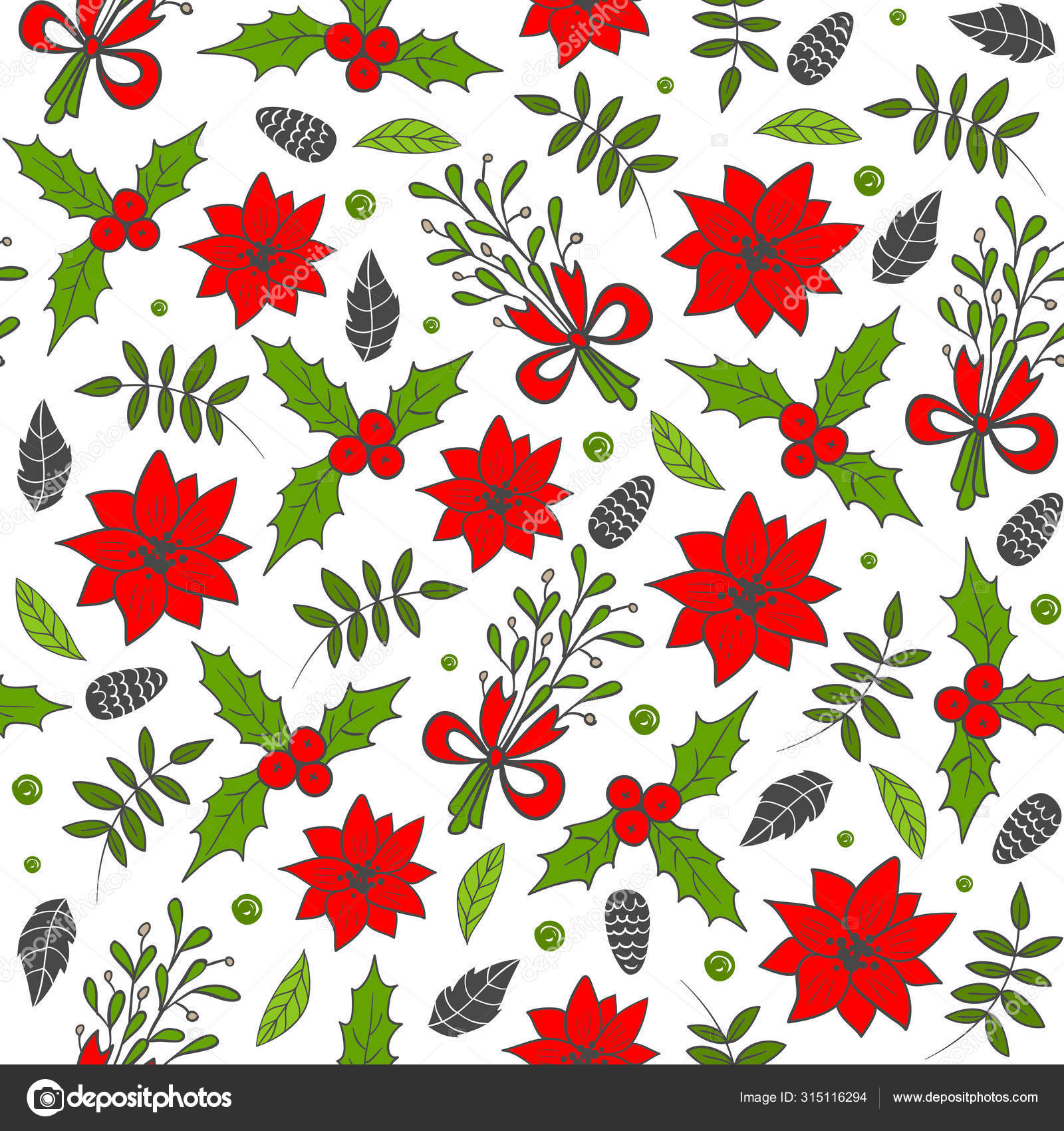 Padrão de Natal sem costura com cones de pinho, poinsettia, visco e galhos  de árvore. Ilustração vetorial . Vetor de ©Marianna_P 315116294, image size:1600x1700
