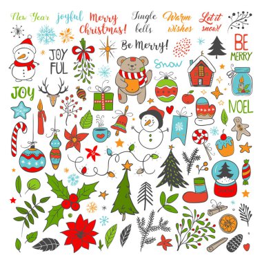 Noel öğeleri kümesi. Kar taneleri, Noel Baba, noel ağacı, hediyeler, kaligrafi, yazı, hayvanlar ve diğer unsurlar. Vektör çizimi.