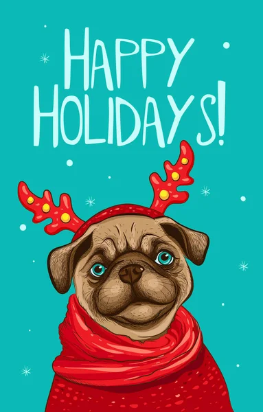 Pug cão retrato em um chifres de rena, lenço vermelho e suéter. Limpas giras, ilustração vetorial. Happy Holidays cartão de saudação no fundo cor de hortelã . —  Vetores de Stock