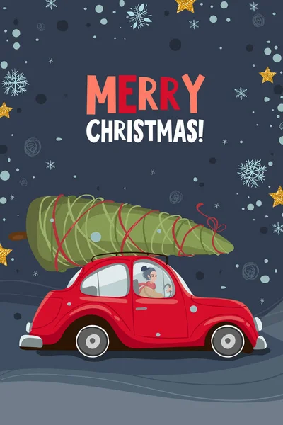 Feliz Navidad y feliz año nuevo tarjeta de felicitación con coche rojo y árbol de Navidad. Tarjeta postal, tarjeta de felicitación, póster o plantilla de invitación. Ilustración vectorial EPS 10 — Vector de stock