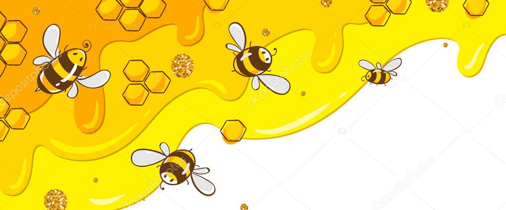 Horizontal banner with bees combs. Honey isolated on yellow background. Vector illustration EPS10. place your text here