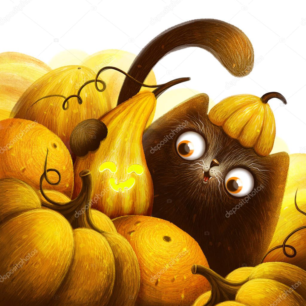 Kawaii painting black cat with pumpkins on white background. Greeting card, postcard, poster, banner, flyer and other. Digital illustration