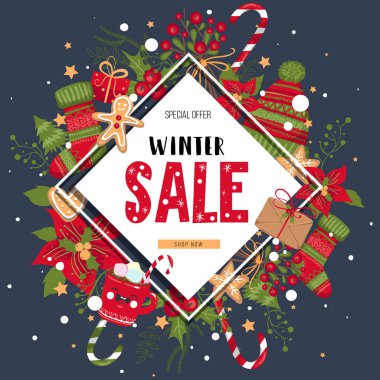 Noel, yeni yıl, kış satış afişi. Poster, arka plan, el ilanı, davetiye kartı, kış öğeleri ile şablon tasarımı. Vektör illüstrasyon Eps 10