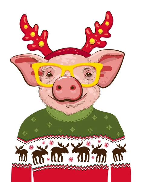 Γουρούνι σε 'γιο Βασίλη με χριστουγεννιάτικο πουλόβερ. Ευτυχισμένα Χριστούγεννα και Πρωτοχρονιά, αφίσα, t-shirt, χειροποίητο σχέδιο. Εικονογράφηση διάνυσμα Eps 10 — Διανυσματικό Αρχείο