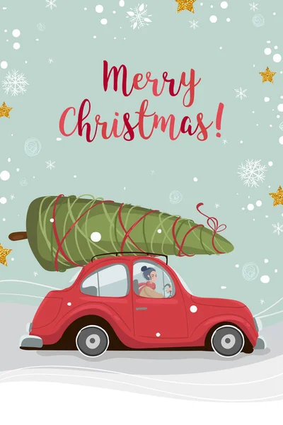 Felices Fiestas Feliz Navidad y feliz año nuevo ilustraciones. Tarjeta de felicitación con coche retro rojo con árbol de Navidad en el techo . — Vector de stock