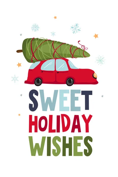 Καλές γιορτές Καλά Χριστούγεννα και χαρούμενη πρωτοχρονιάτικη εικονογράφηση. Ευχετήρια κάρτα με κόκκινο ρετρό αυτοκίνητο με χριστουγεννιάτικο δέντρο στην οροφή. — Διανυσματικό Αρχείο