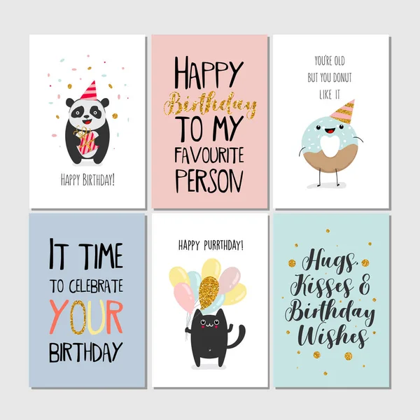 İçinde panda, çörek, kalp, hediye, kedi ve harfler olan tebrik kartları. Vektör illüstrasyonu, basılabilir koleksiyon. Doğum günün kutlu olsun.