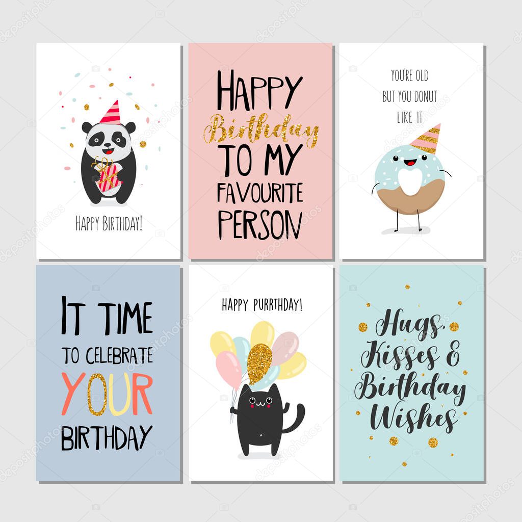 Set of greeting cards with panda, donut, heart, gift, cat, lettering. Vector illustration, printable collection. Happy Birtday